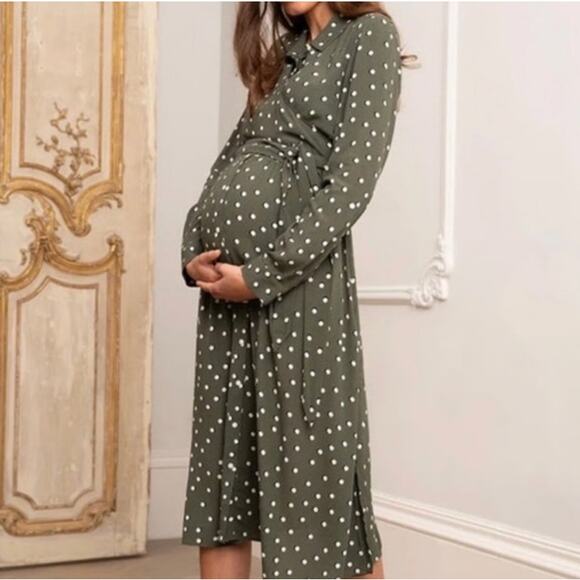 Seraphine Maternity Nursing Shirt Dress Womens 2 Green Polka Dot Long Sleeve - Picture 1 of 12
